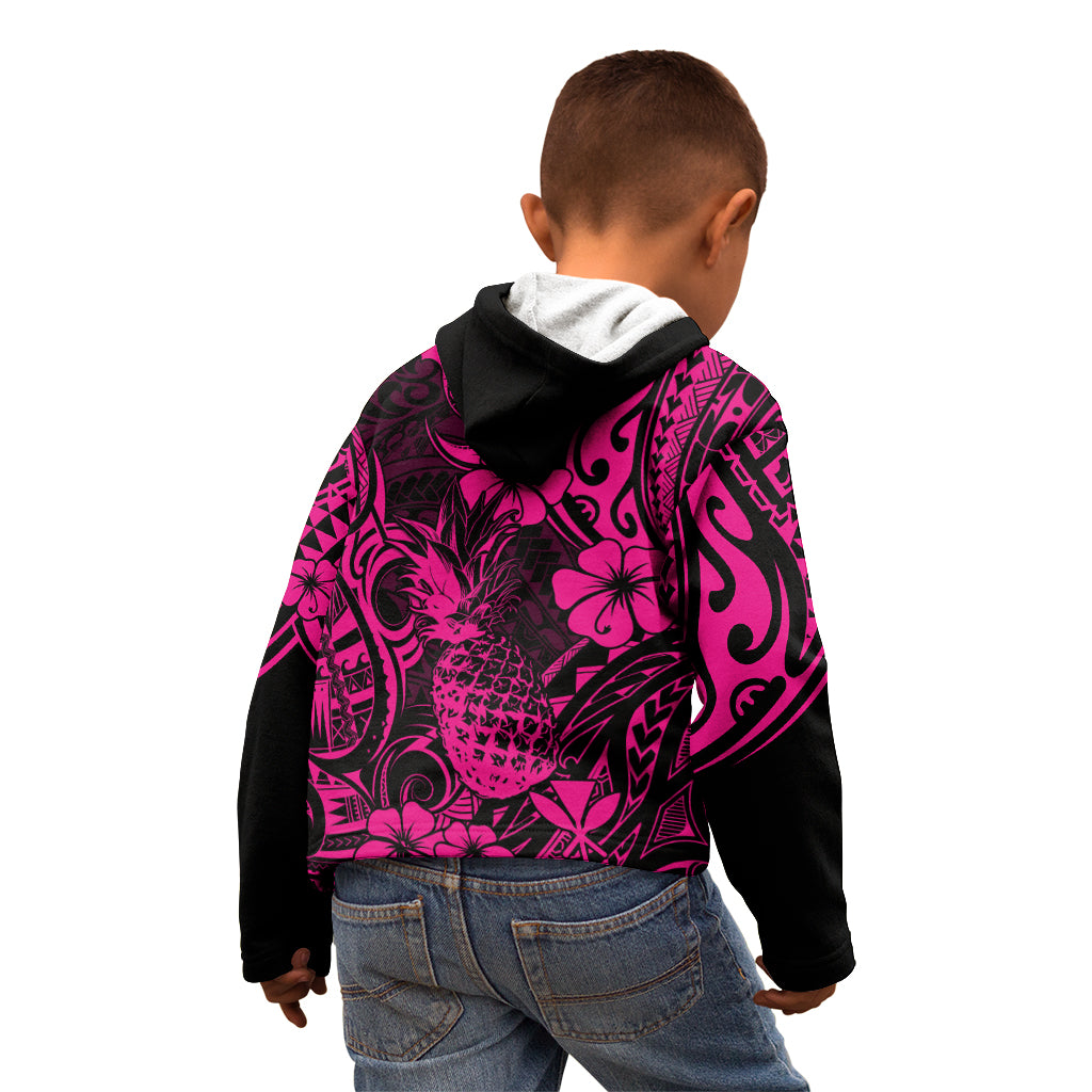 Hawaii Pineapple Kid Hoodie Paradise Flowers Pacific With Pink Polynesian Tribal - Wonder Print Shop