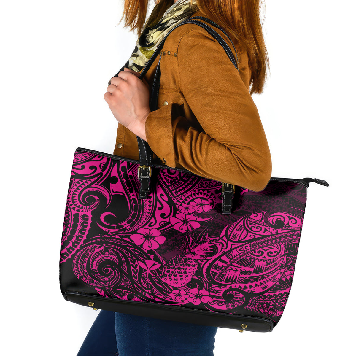 Hawaii Pineapple Leather Tote Bag Paradise Flowers Pacific With Pink Polynesian Tribal - Wonder Print Shop