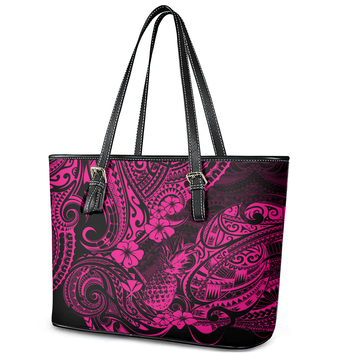 Hawaii Pineapple Leather Tote Bag Paradise Flowers Pacific With Pink Polynesian Tribal - Wonder Print Shop