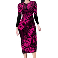 Hawaii Pineapple Long Sleeve Bodycon Dress Paradise Flowers Pacific With Pink Polynesian Tribal - Wonder Print Shop