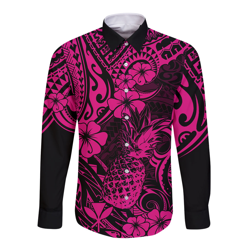 Hawaii Pineapple Long Sleeve Button Shirt Paradise Flowers Pacific With Pink Polynesian Tribal - Wonder Print Shop