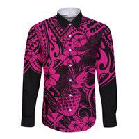 Hawaii Pineapple Long Sleeve Button Shirt Paradise Flowers Pacific With Pink Polynesian Tribal - Wonder Print Shop