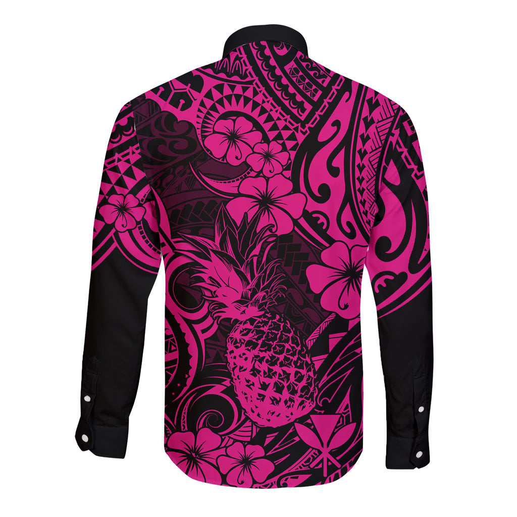 Hawaii Pineapple Long Sleeve Button Shirt Paradise Flowers Pacific With Pink Polynesian Tribal - Wonder Print Shop