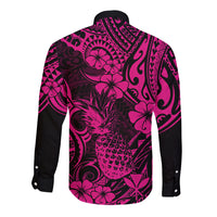 Hawaii Pineapple Long Sleeve Button Shirt Paradise Flowers Pacific With Pink Polynesian Tribal - Wonder Print Shop