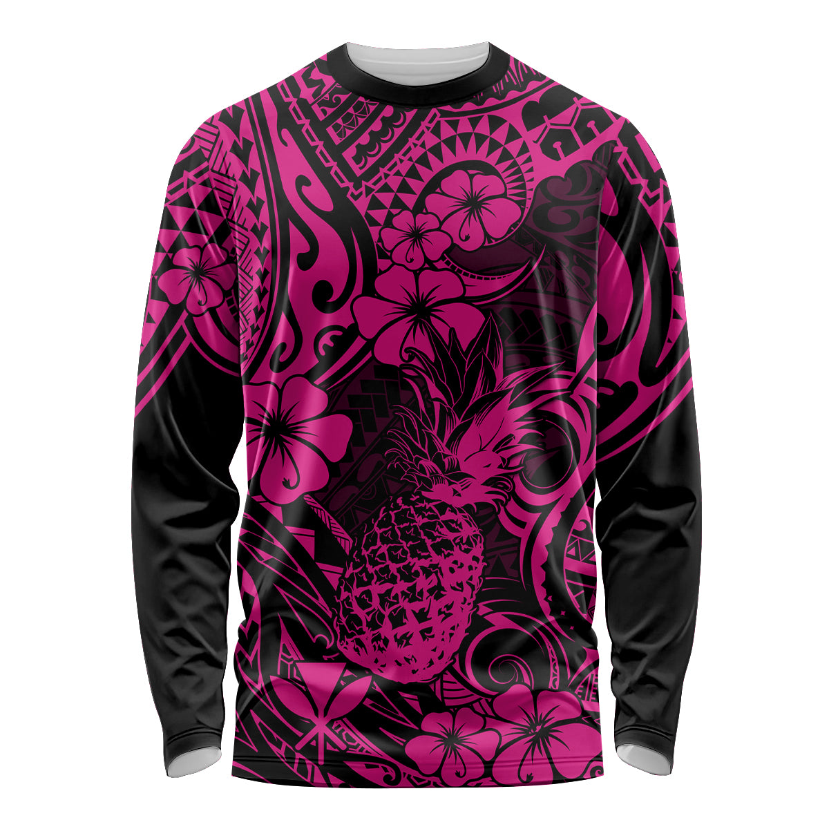 Hawaii Pineapple Long Sleeve Shirt Paradise Flowers Pacific With Pink Polynesian Tribal - Wonder Print Shop