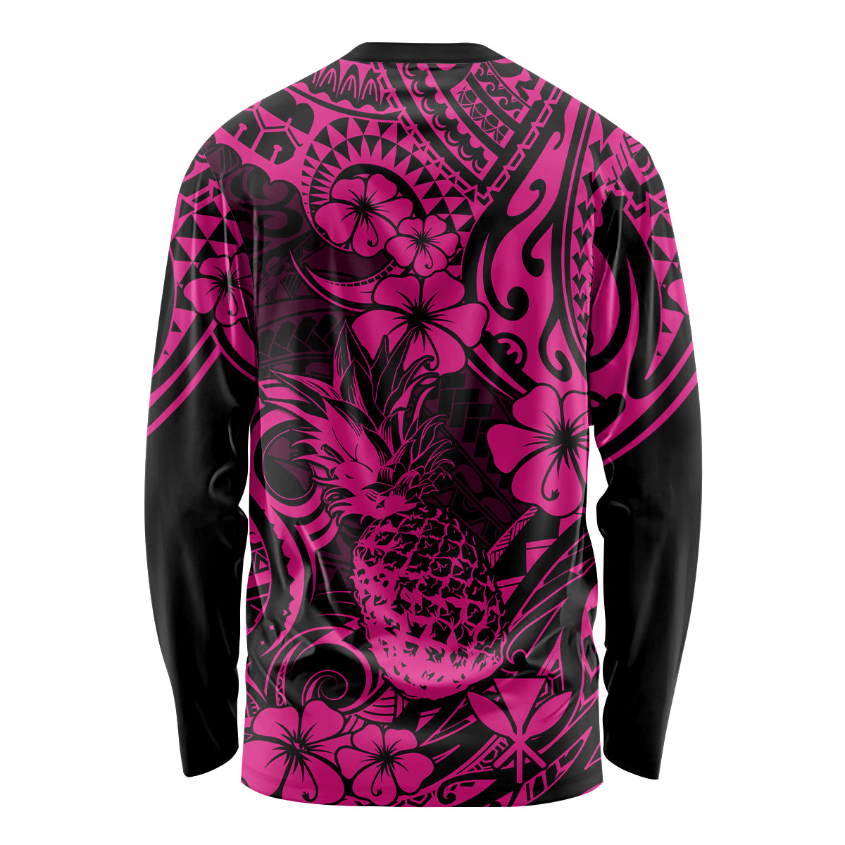 Hawaii Pineapple Long Sleeve Shirt Paradise Flowers Pacific With Pink Polynesian Tribal - Wonder Print Shop