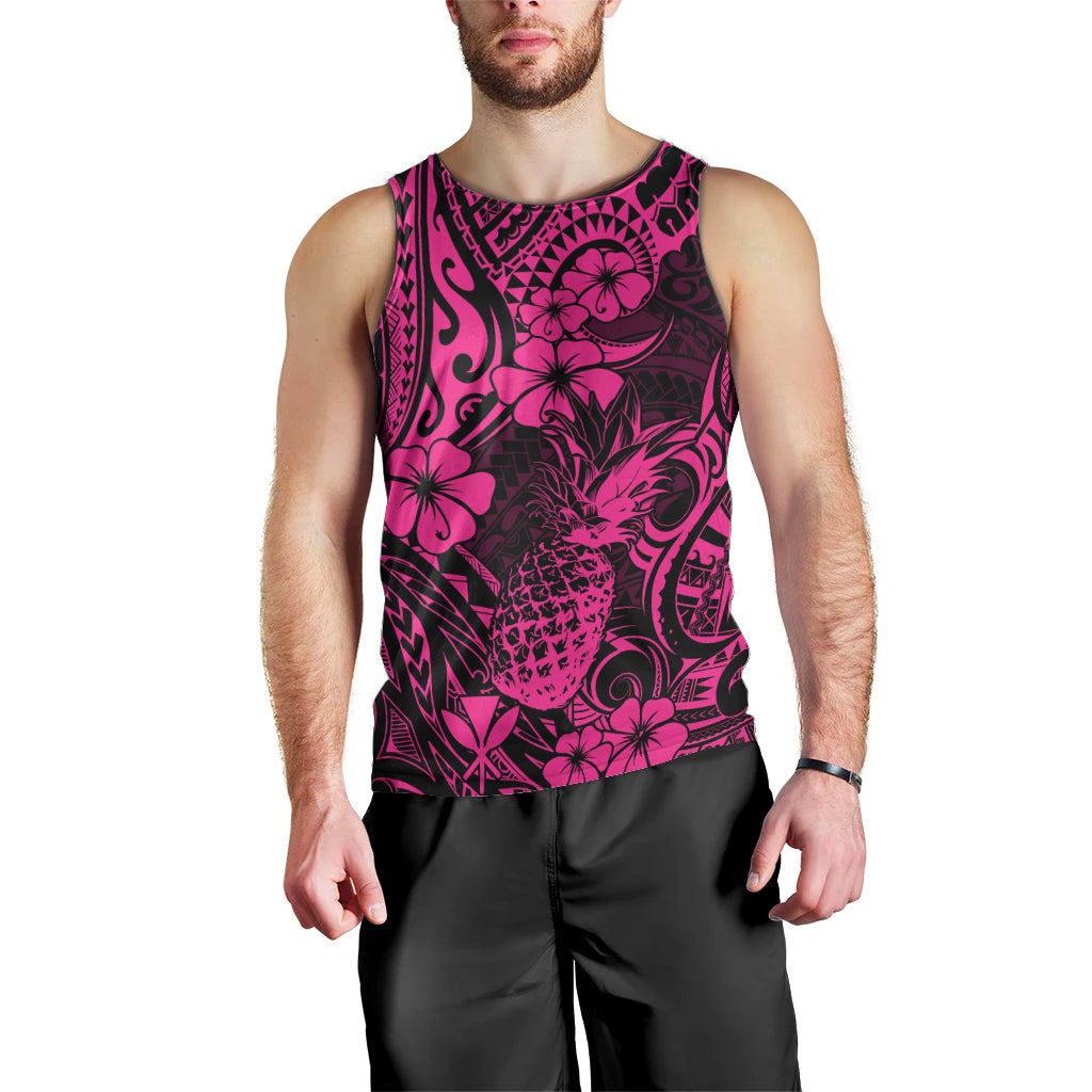 Hawaii Pineapple Men Tank Top Paradise Flowers Pacific With Pink Polynesian Tribal - Wonder Print Shop