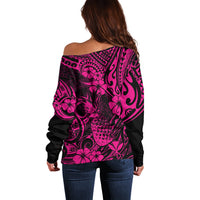 Hawaii Pineapple Off Shoulder Sweater Paradise Flowers Pacific With Pink Polynesian Tribal - Wonder Print Shop