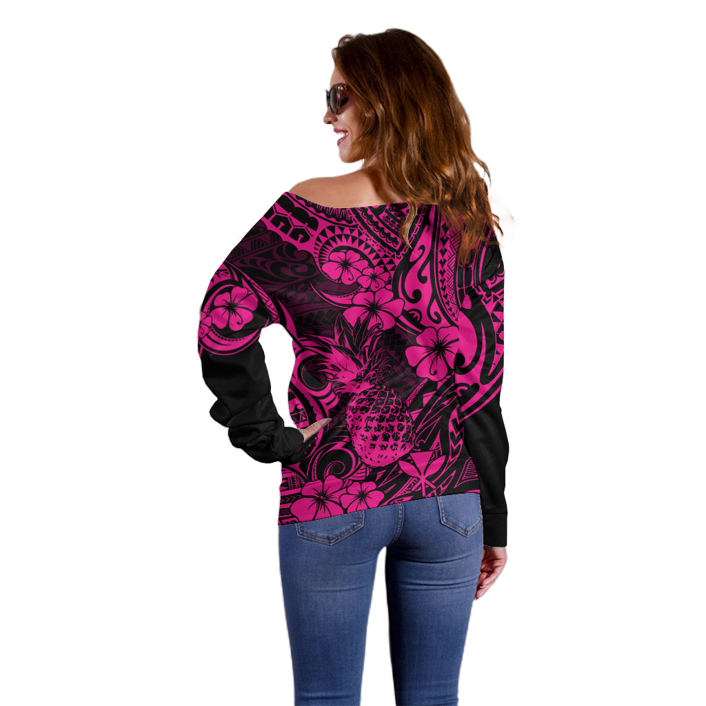 Hawaii Pineapple Off Shoulder Sweater Paradise Flowers Pacific With Pink Polynesian Tribal - Wonder Print Shop