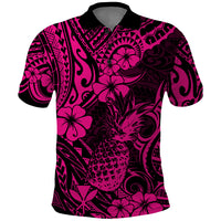Hawaii Pineapple Polo Shirt Paradise Flowers Pacific With Pink Polynesian Tribal - Wonder Print Shop
