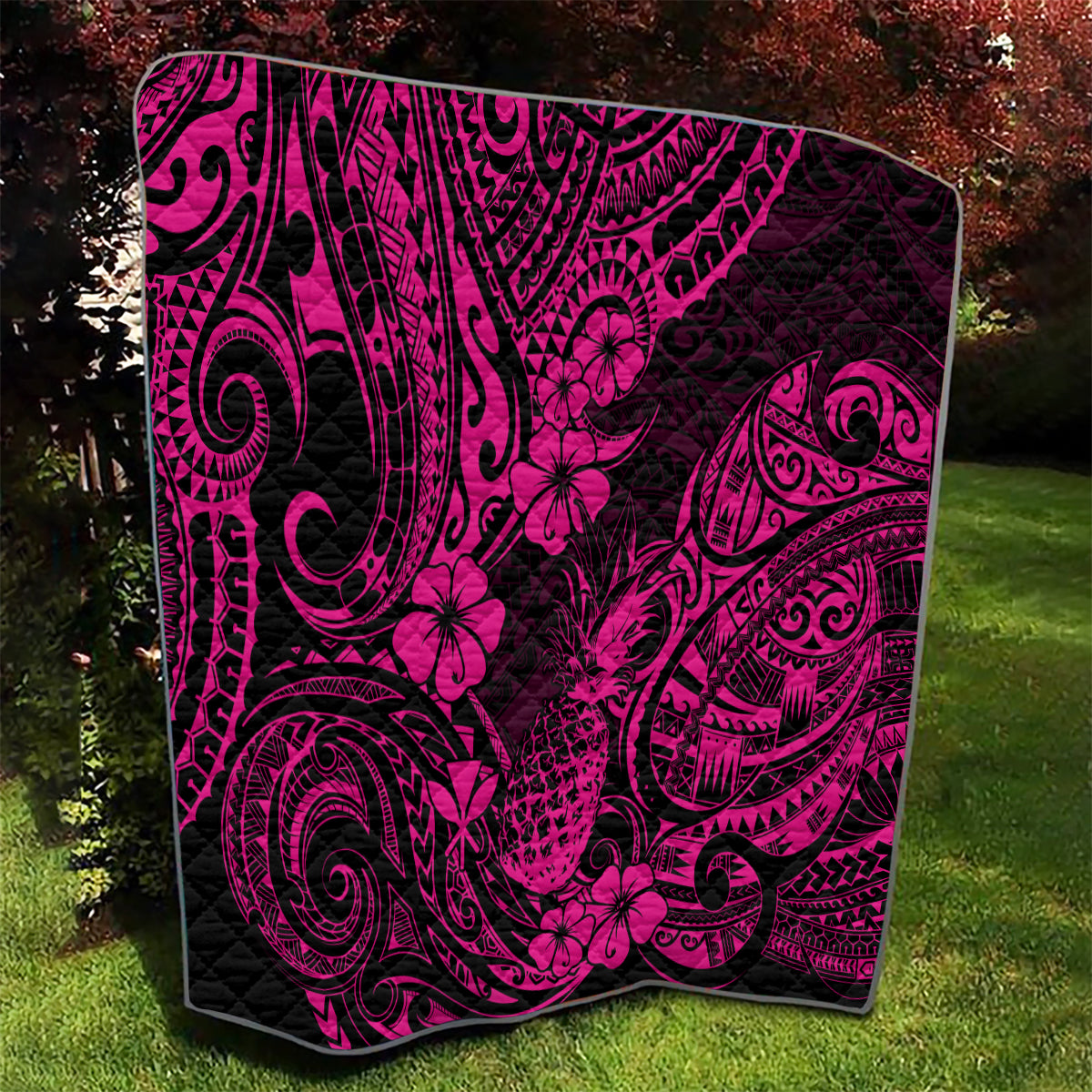 Hawaii Pineapple Quilt Paradise Flowers Pacific With Pink Polynesian Tribal - Wonder Print Shop