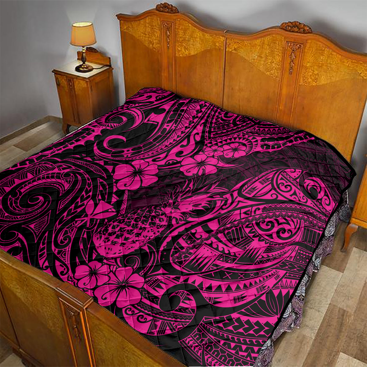 Hawaii Pineapple Quilt Paradise Flowers Pacific With Pink Polynesian Tribal - Wonder Print Shop