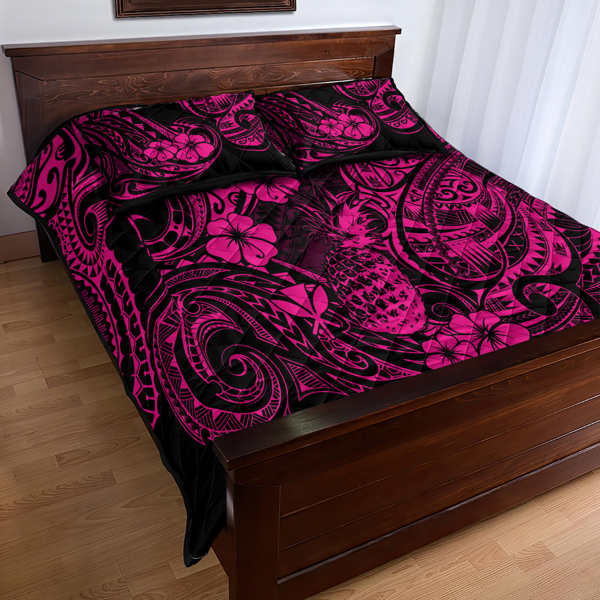 Hawaii Pineapple Quilt Bed Set Paradise Flowers Pacific With Pink Polynesian Tribal - Wonder Print Shop