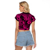 Hawaii Pineapple Raglan Cropped T Shirt Paradise Flowers Pacific With Pink Polynesian Tribal - Wonder Print Shop