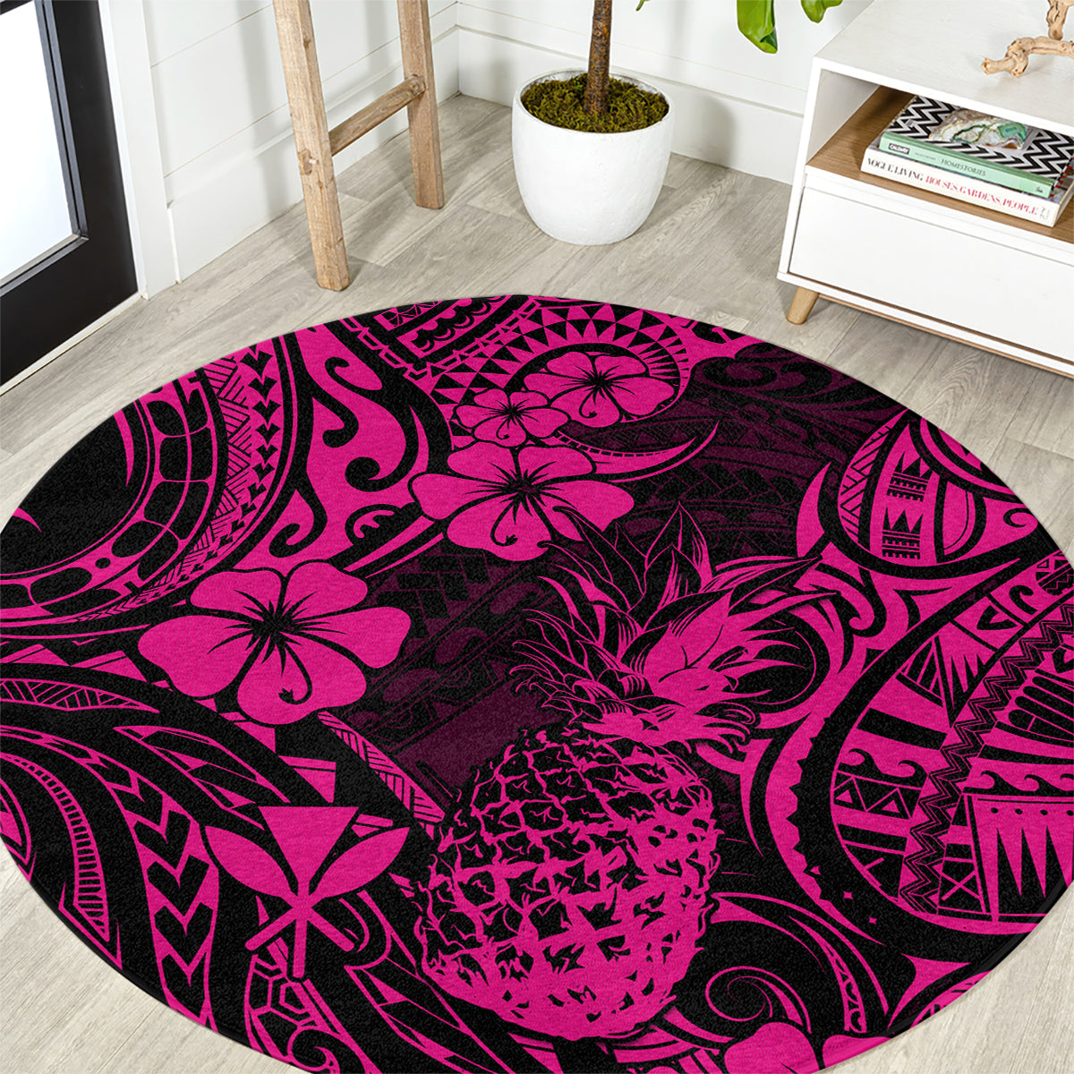 hawaii-pineapple-round-carpet-paradise-flowers-pacific-with-pink-polynesian-tribal