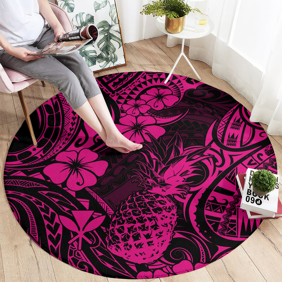 hawaii-pineapple-round-carpet-paradise-flowers-pacific-with-pink-polynesian-tribal
