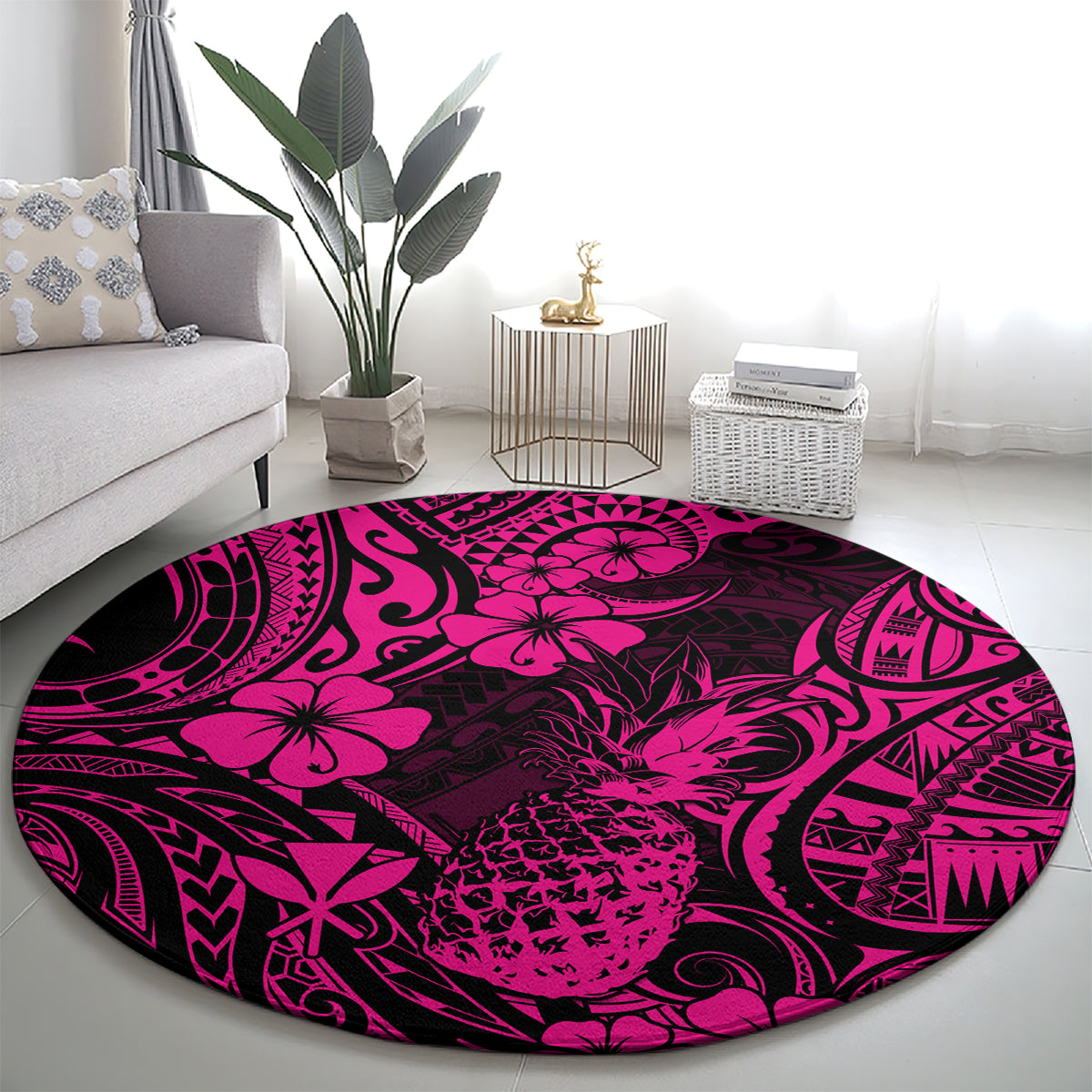 hawaii-pineapple-round-carpet-paradise-flowers-pacific-with-pink-polynesian-tribal
