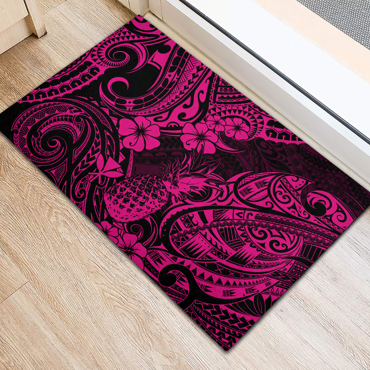 Hawaii Pineapple Rubber Doormat Paradise Flowers Pacific With Pink Polynesian Tribal - Wonder Print Shop