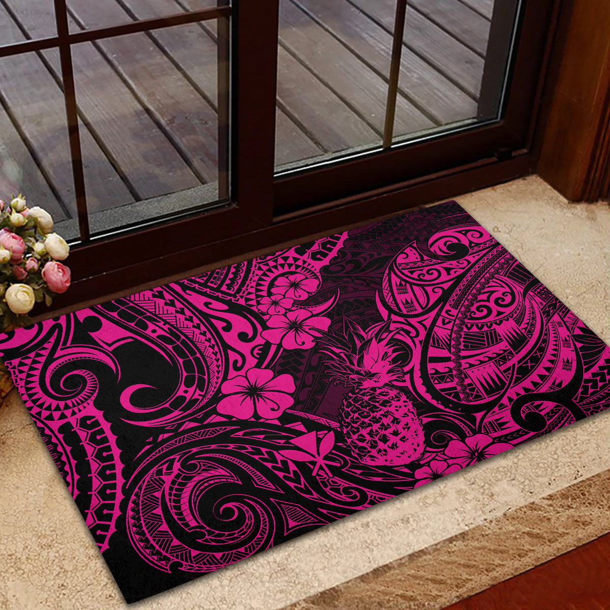 Hawaii Pineapple Rubber Doormat Paradise Flowers Pacific With Pink Polynesian Tribal - Wonder Print Shop