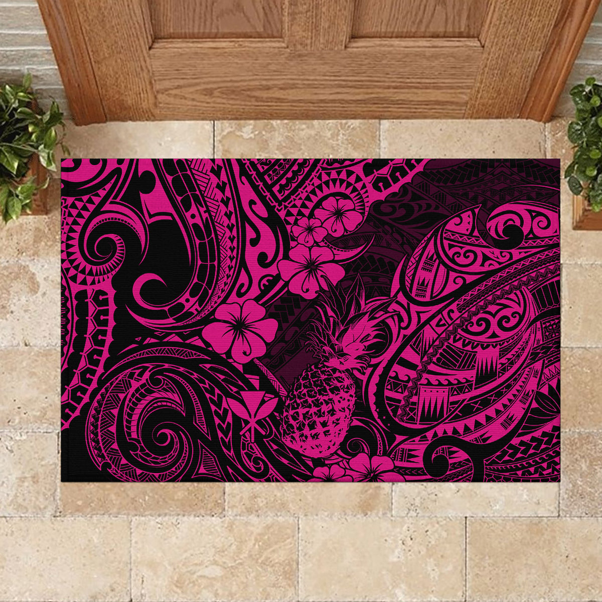 Hawaii Pineapple Rubber Doormat Paradise Flowers Pacific With Pink Polynesian Tribal - Wonder Print Shop