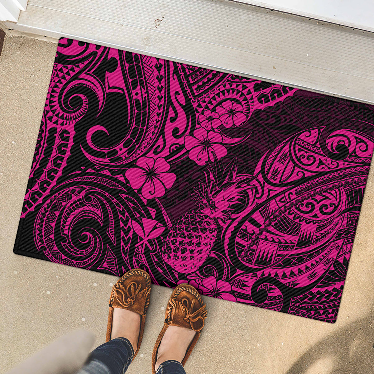 Hawaii Pineapple Rubber Doormat Paradise Flowers Pacific With Pink Polynesian Tribal - Wonder Print Shop