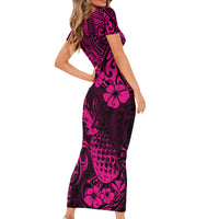 Hawaii Pineapple Short Sleeve Bodycon Dress Paradise Flowers Pacific With Pink Polynesian Tribal - Wonder Print Shop