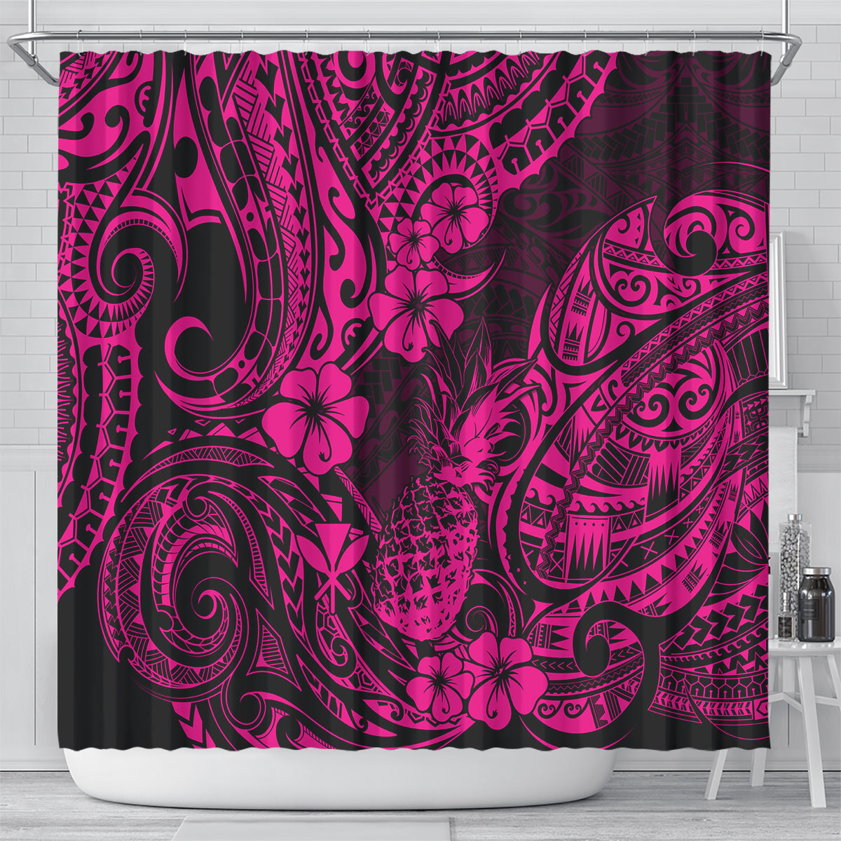 hawaii-pineapple-shower-curtain-paradise-flowers-pacific-with-pink-polynesian-tribal
