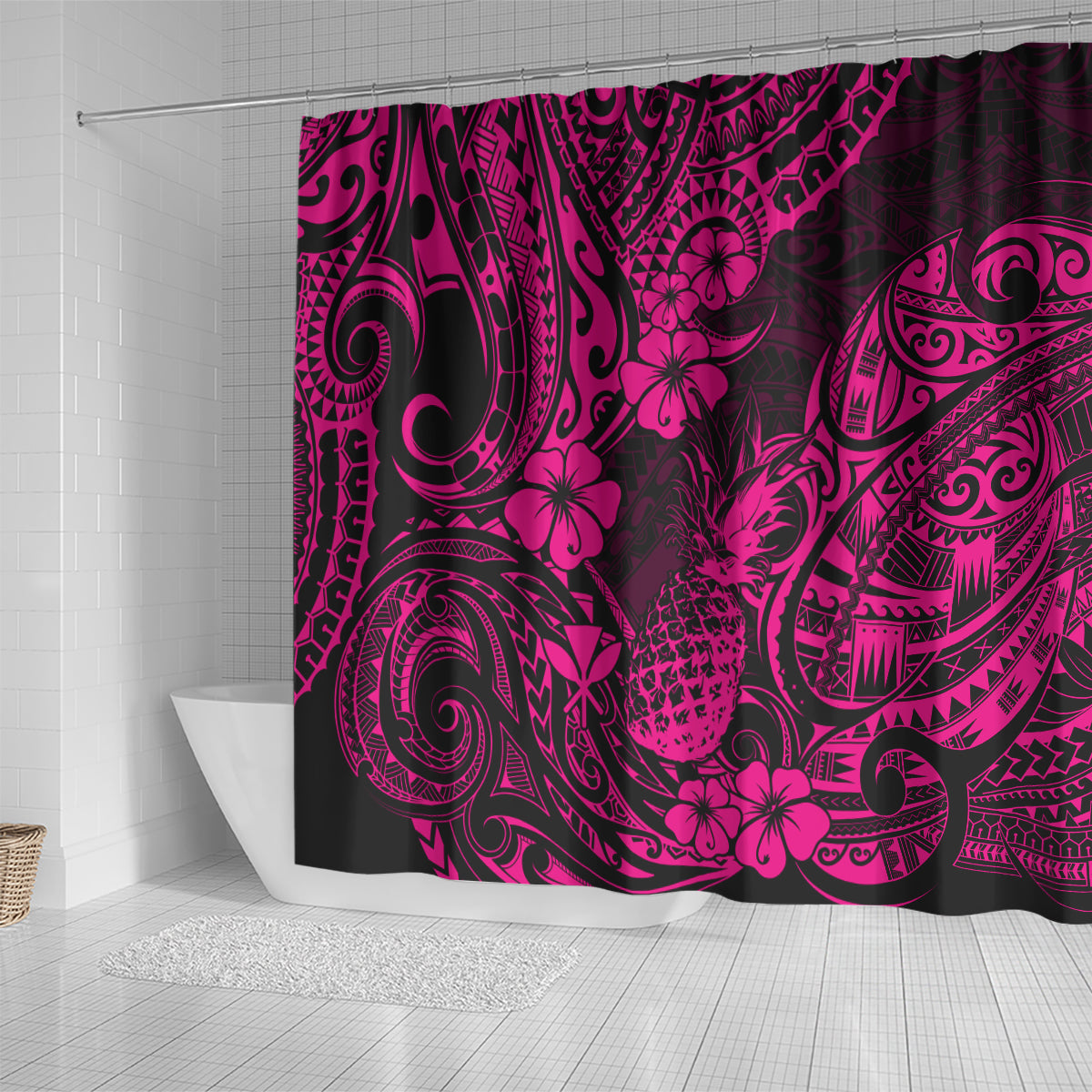 hawaii-pineapple-shower-curtain-paradise-flowers-pacific-with-pink-polynesian-tribal