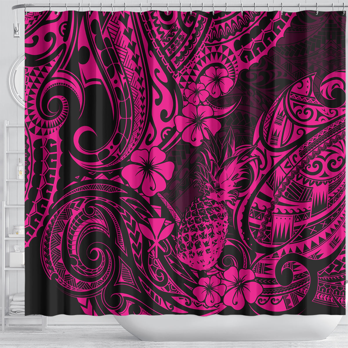 hawaii-pineapple-shower-curtain-paradise-flowers-pacific-with-pink-polynesian-tribal