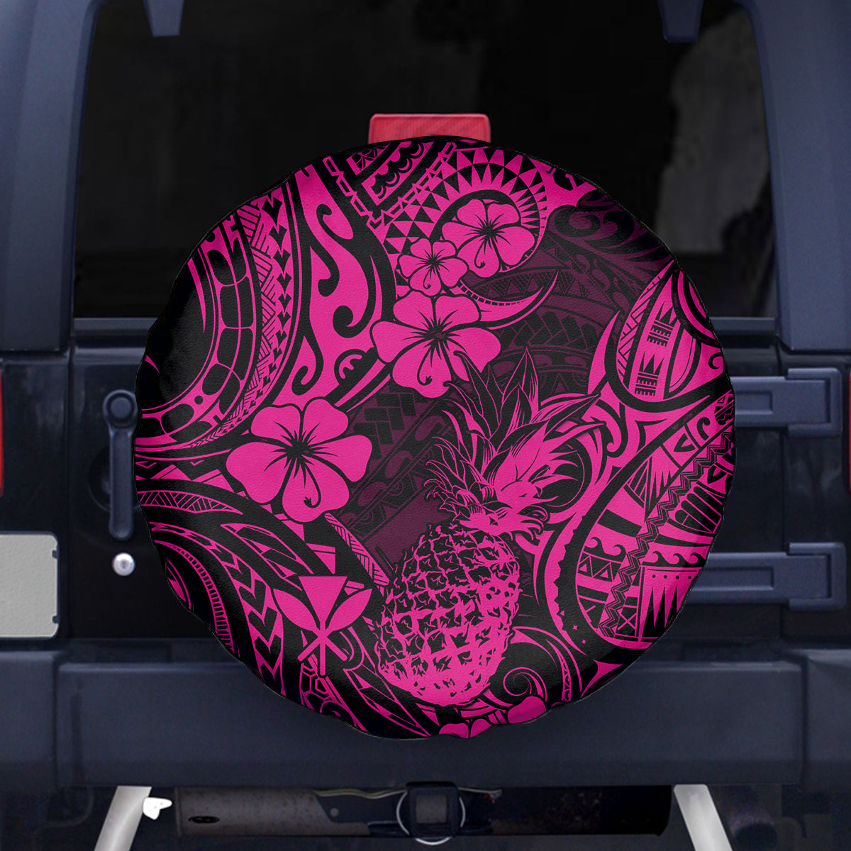 Hawaii Pineapple Spare Tire Cover Paradise Flowers Pacific With Pink Polynesian Tribal - Wonder Print Shop