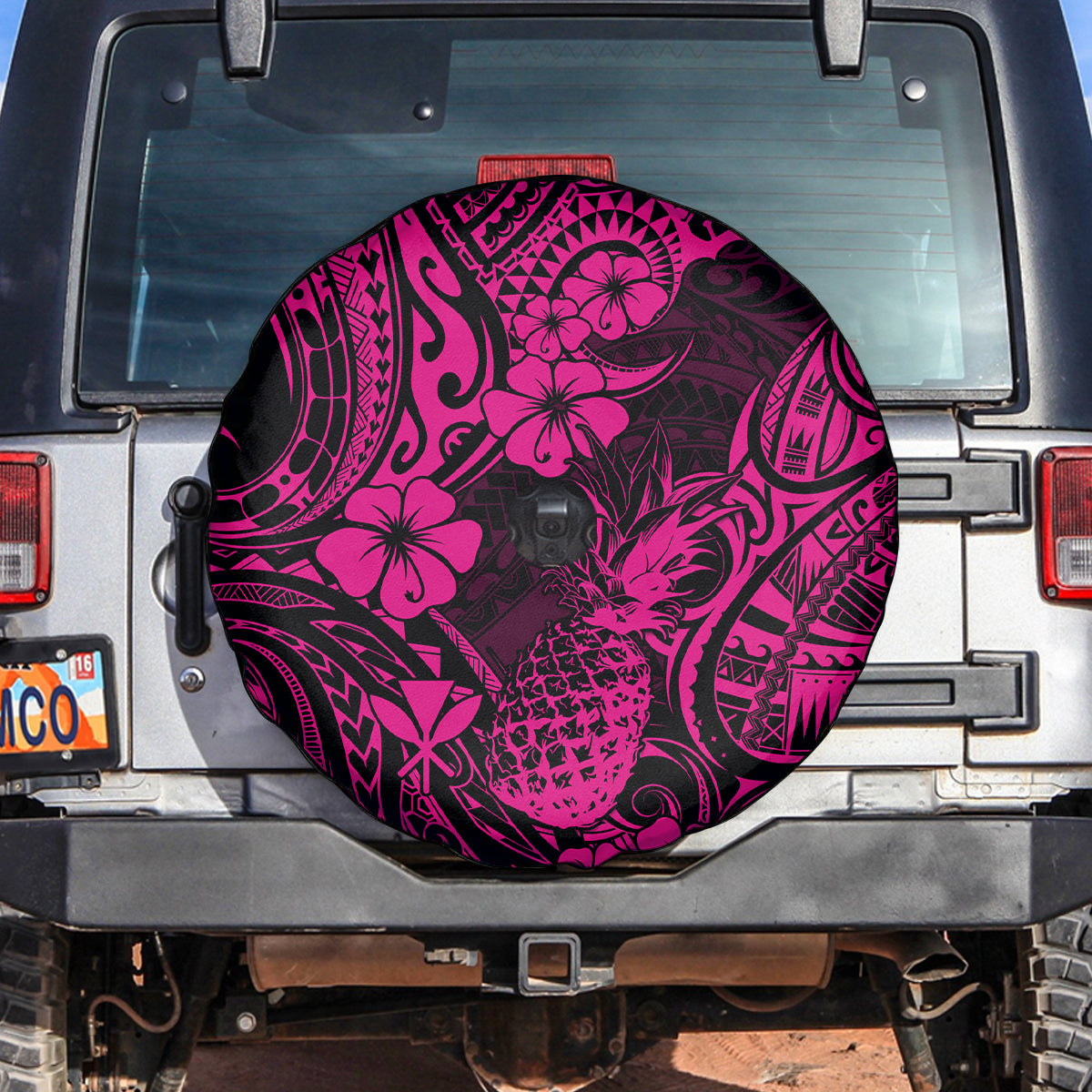 Hawaii Pineapple Spare Tire Cover Paradise Flowers Pacific With Pink Polynesian Tribal - Wonder Print Shop
