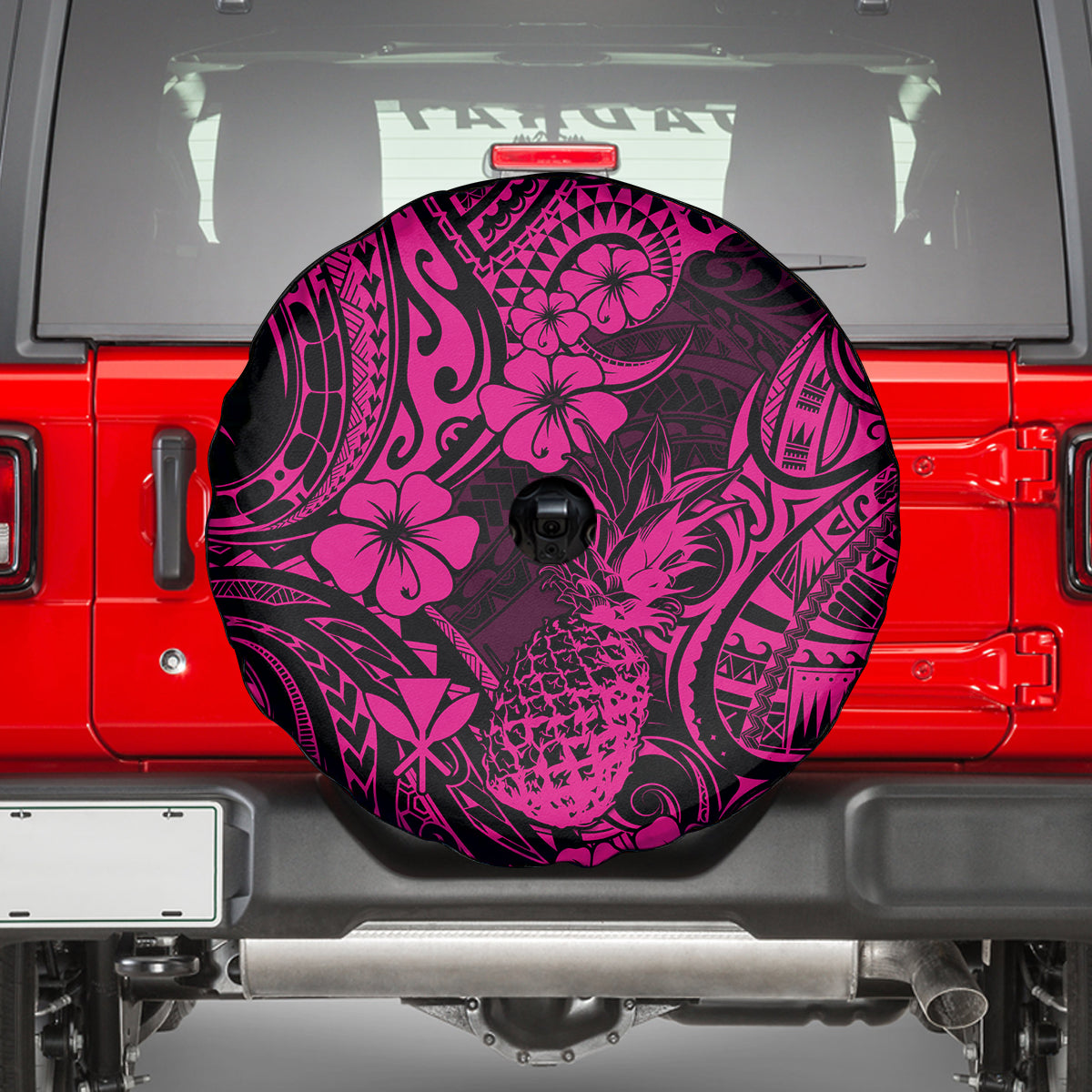 Hawaii Pineapple Spare Tire Cover Paradise Flowers Pacific With Pink Polynesian Tribal - Wonder Print Shop