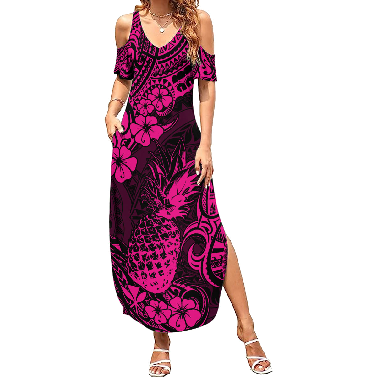 Hawaii Pineapple Summer Maxi Dress Paradise Flowers Pacific With Pink Polynesian Tribal - Wonder Print Shop