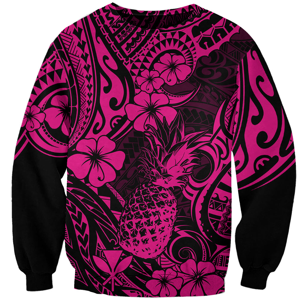 Hawaii Pineapple Sweatshirt Paradise Flowers Pacific With Pink Polynesian Tribal - Wonder Print Shop