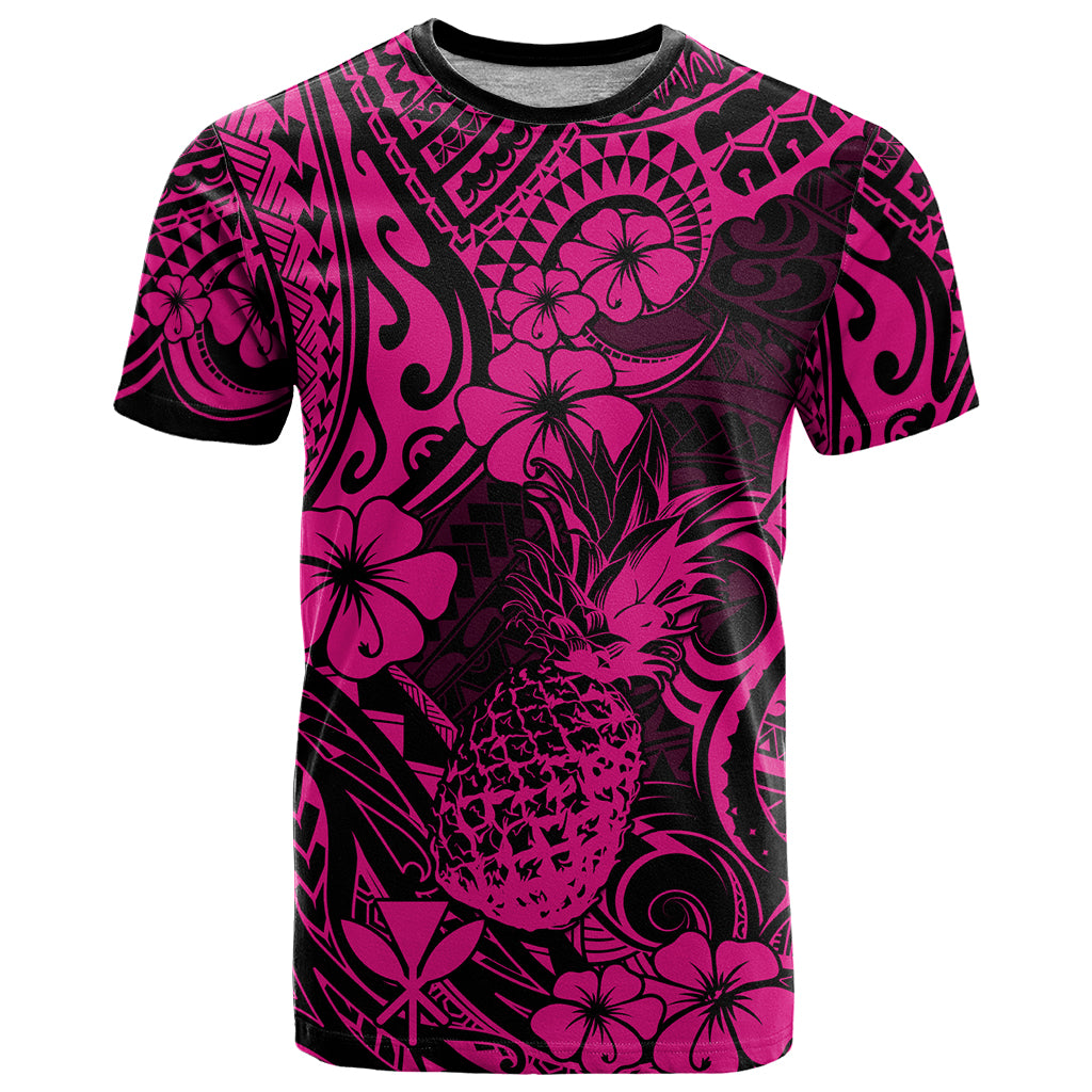 Hawaii Pineapple T Shirt Paradise Flowers Pacific With Pink Polynesian Tribal - Wonder Print Shop