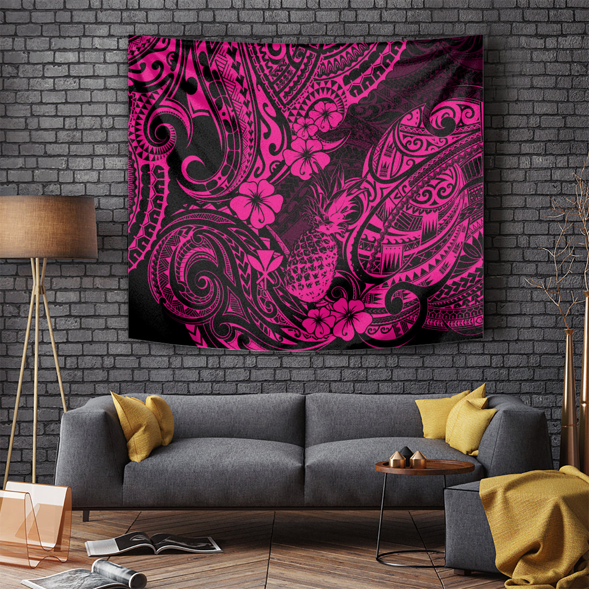 Hawaii Pineapple Tapestry Paradise Flowers Pacific With Pink Polynesian Tribal - Wonder Print Shop