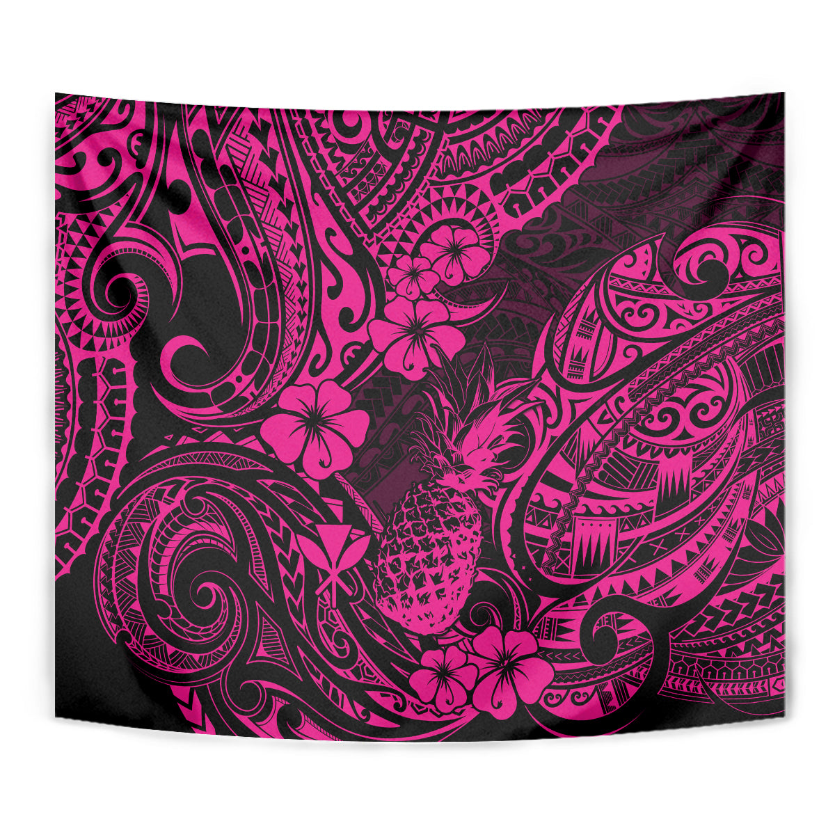 Hawaii Pineapple Tapestry Paradise Flowers Pacific With Pink Polynesian Tribal - Wonder Print Shop