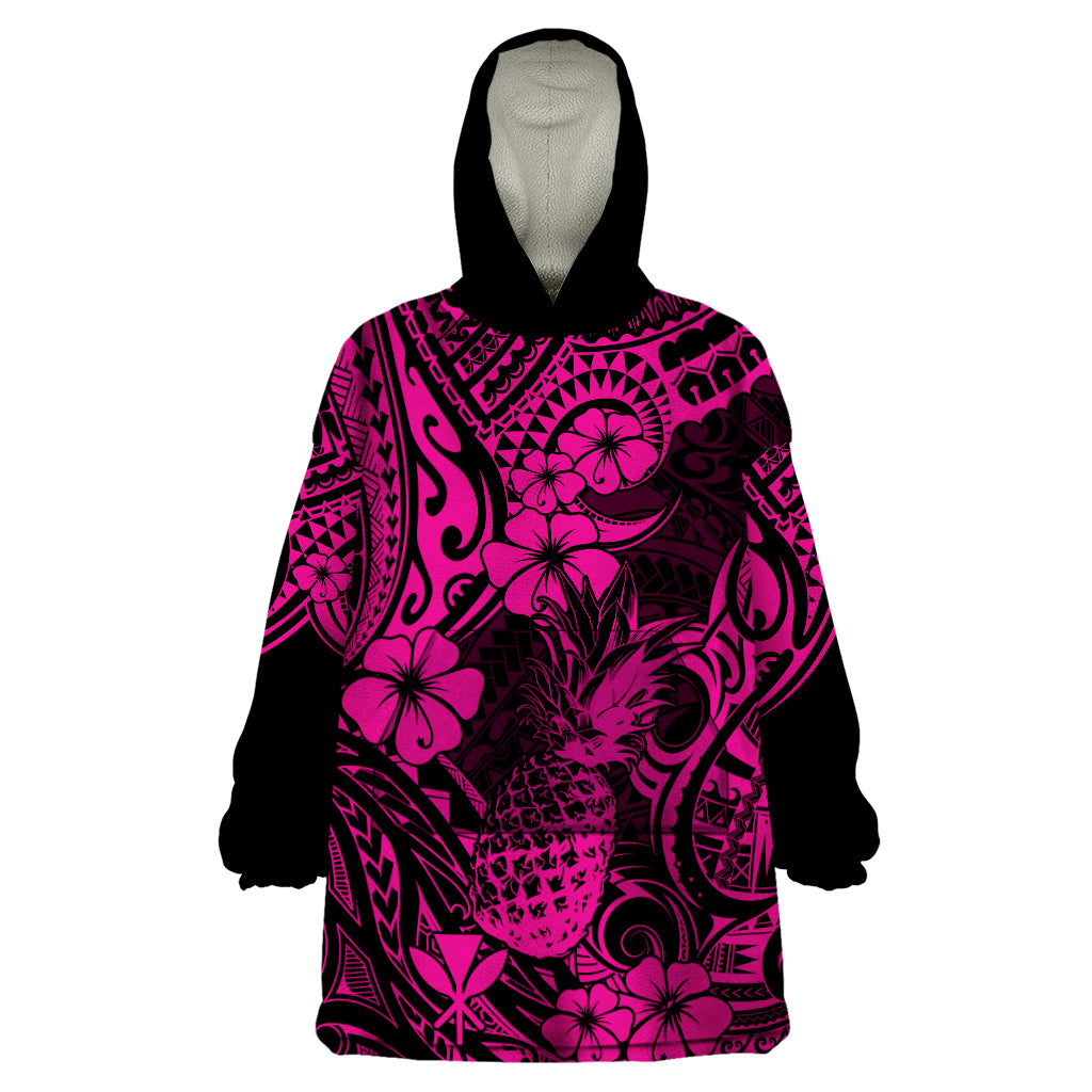Hawaii Pineapple Wearable Blanket Hoodie Paradise Flowers Pacific With Pink Polynesian Tribal - Wonder Print Shop