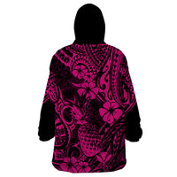 Hawaii Pineapple Wearable Blanket Hoodie Paradise Flowers Pacific With Pink Polynesian Tribal - Wonder Print Shop