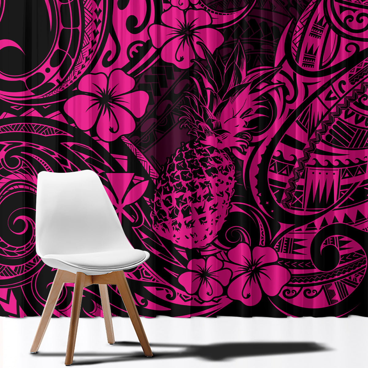 Hawaii Pineapple Window Curtain Paradise Flowers Pacific With Pink Polynesian Tribal - Wonder Print Shop