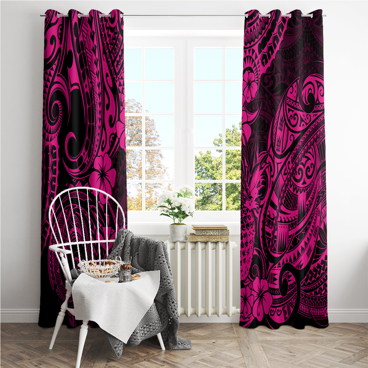 Hawaii Pineapple Window Curtain Paradise Flowers Pacific With Pink Polynesian Tribal - Wonder Print Shop