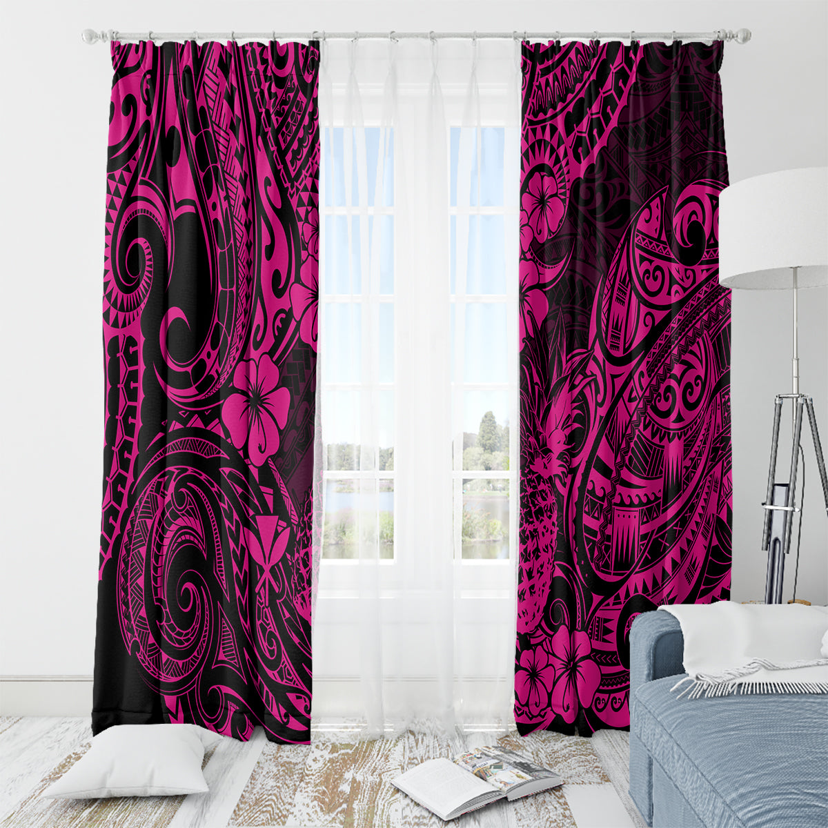 Hawaii Pineapple Window Curtain Paradise Flowers Pacific With Pink Polynesian Tribal - Wonder Print Shop