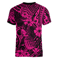 Hawaii Pineapple Women V Neck T Shirt Paradise Flowers Pacific With Pink Polynesian Tribal - Wonder Print Shop