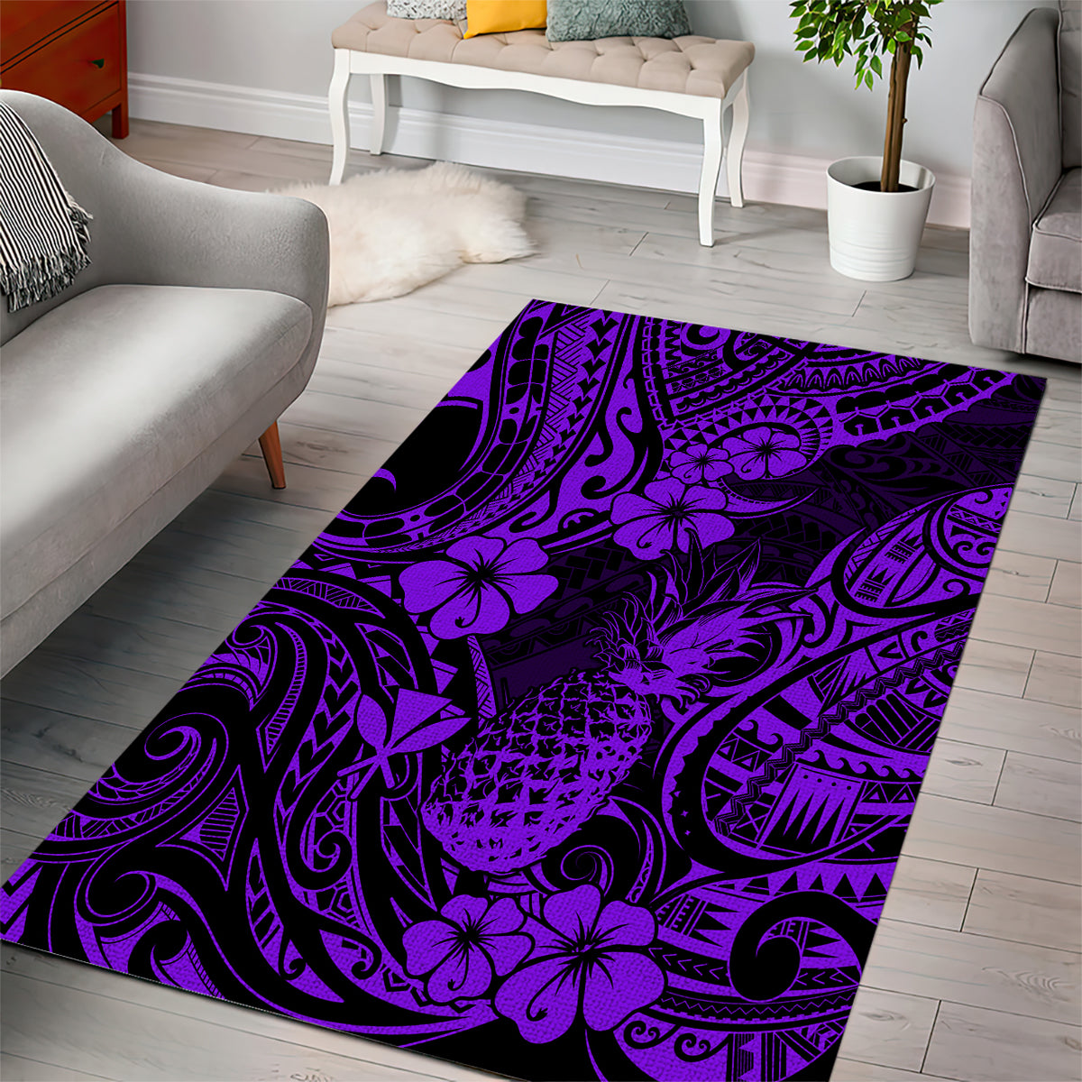 Hawaii Pineapple Area Rug Polynesian Pattern Purple Version - Wonder Print Shop