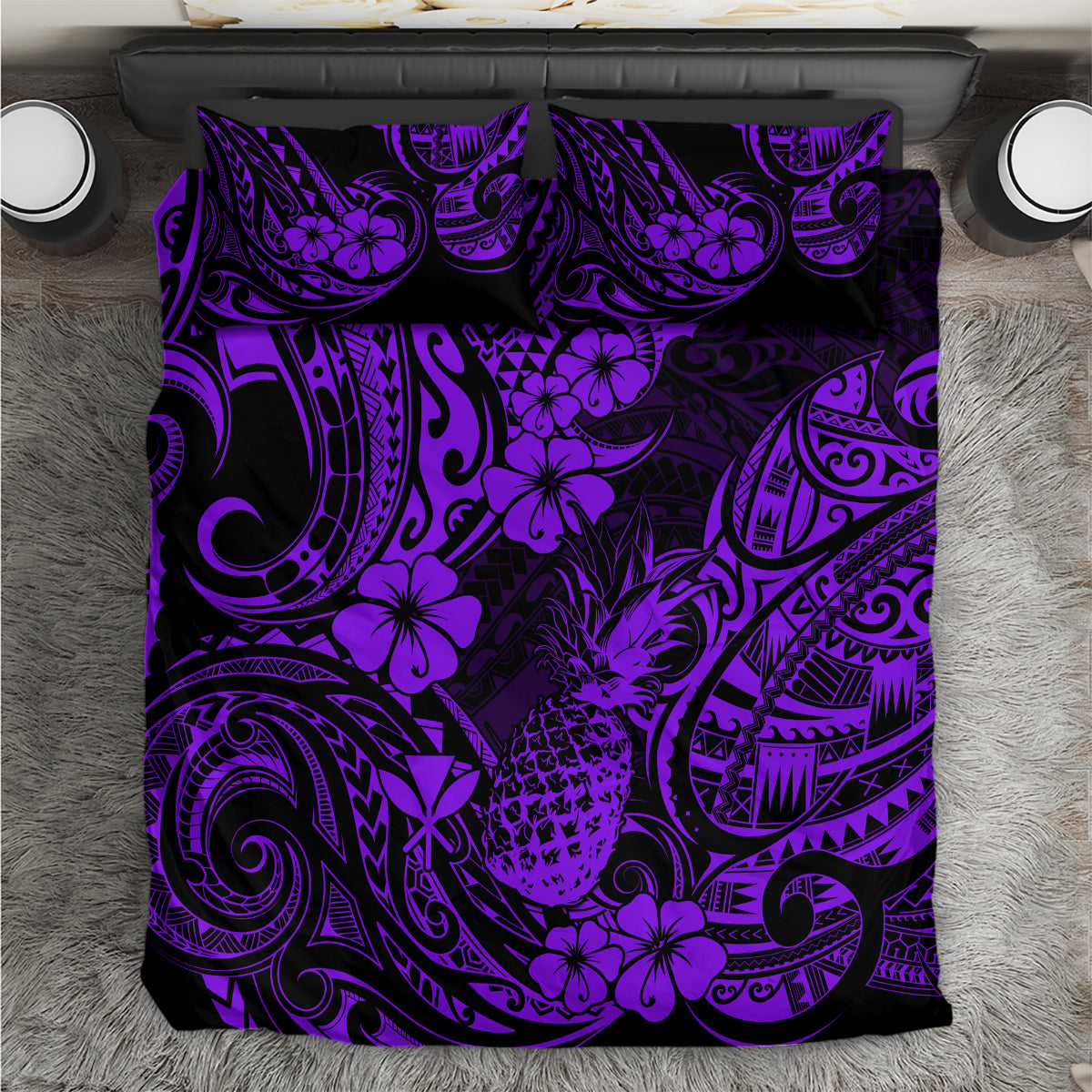 Hawaii Pineapple Bedding Set Polynesian Pattern Purple Version - Wonder Print Shop