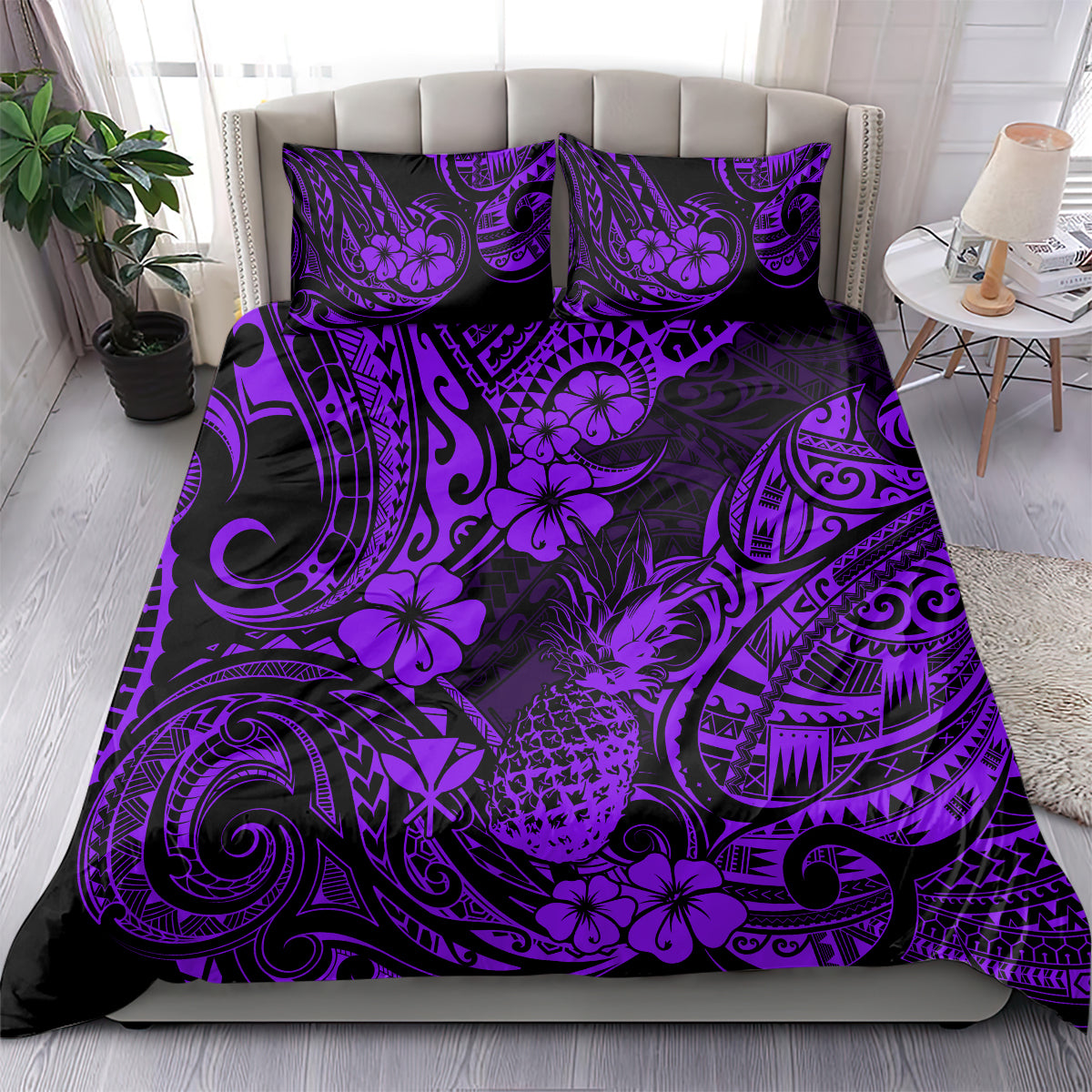 Hawaii Pineapple Bedding Set Polynesian Pattern Purple Version - Wonder Print Shop