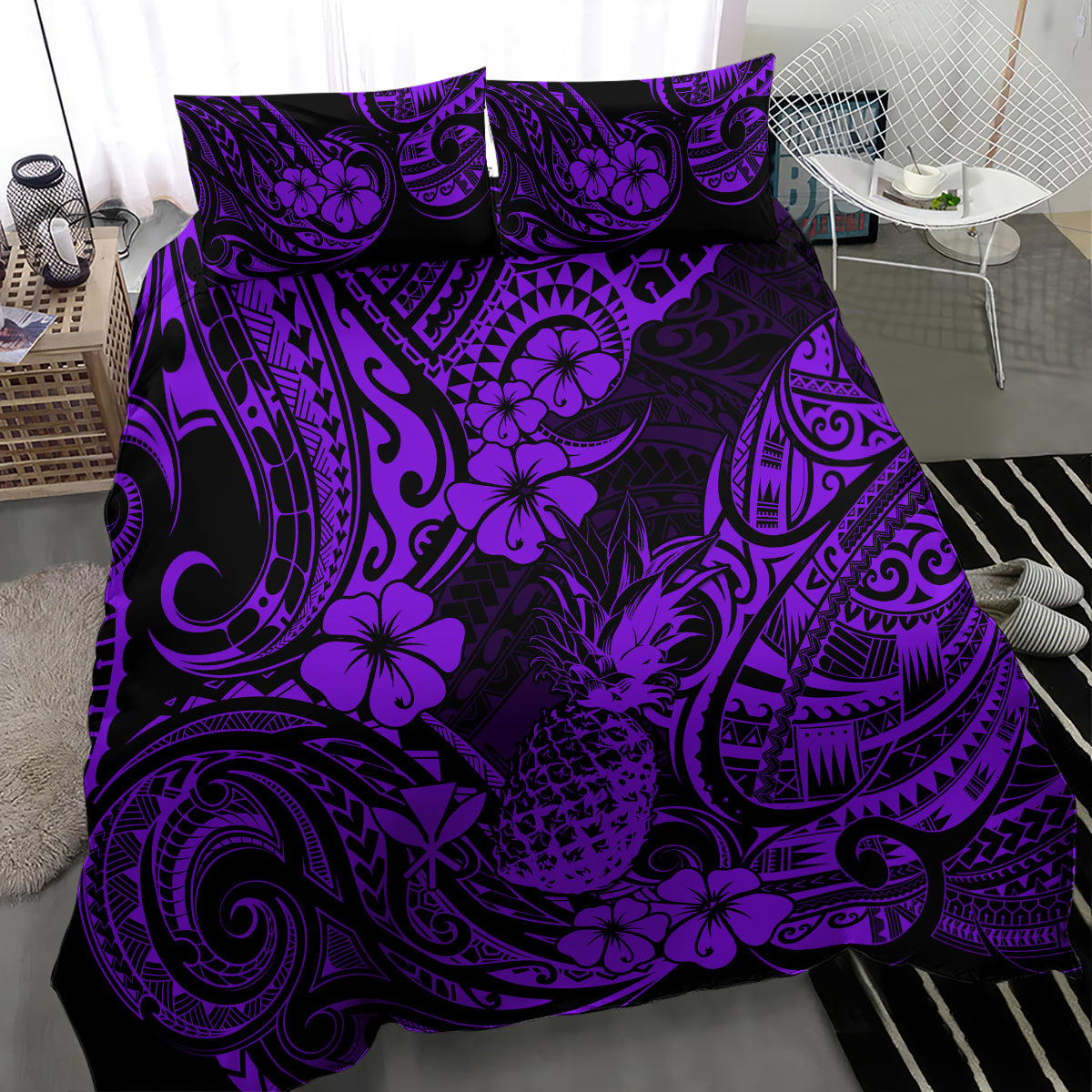 Hawaii Pineapple Bedding Set Polynesian Pattern Purple Version - Wonder Print Shop