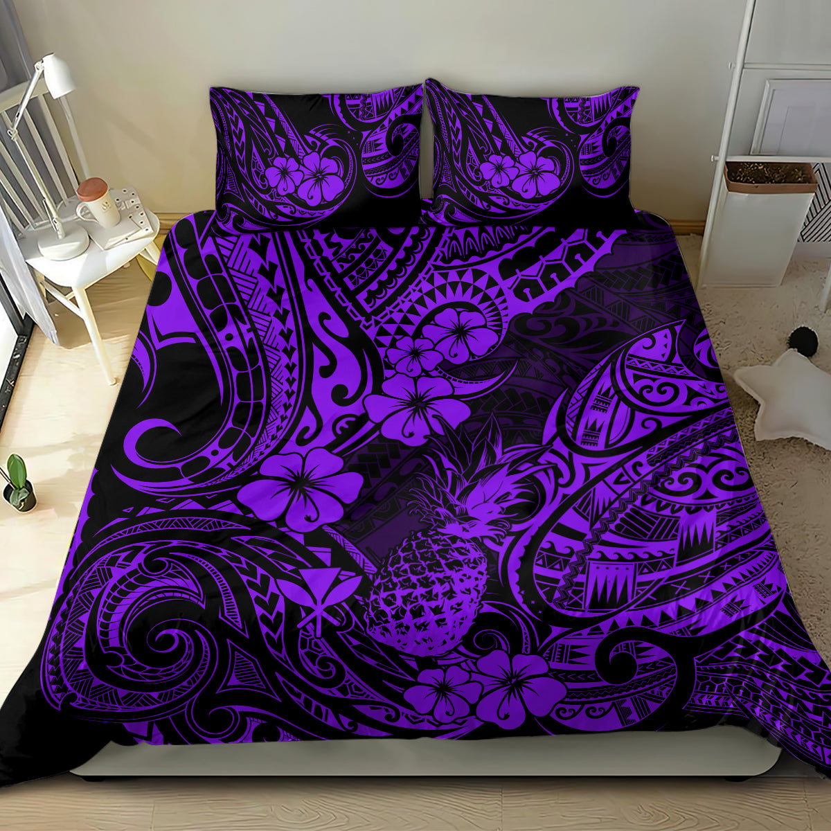 Hawaii Pineapple Bedding Set Polynesian Pattern Purple Version - Wonder Print Shop