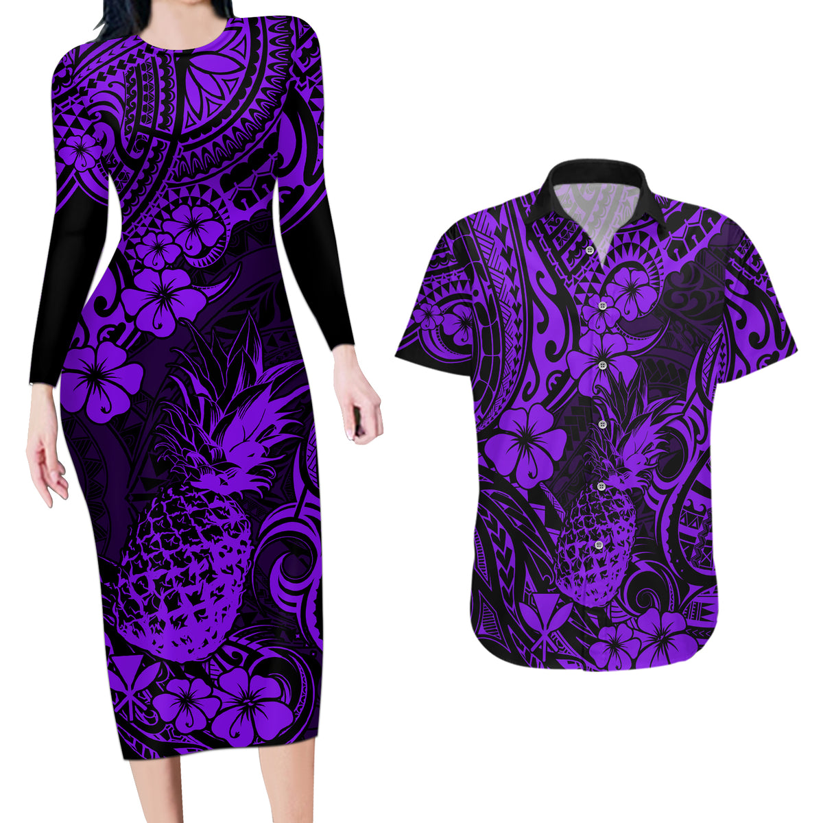 Hawaii Pineapple Couples Matching Long Sleeve Bodycon Dress and Hawaiian Shirt Polynesian Pattern Purple Version - Wonder Print Shop