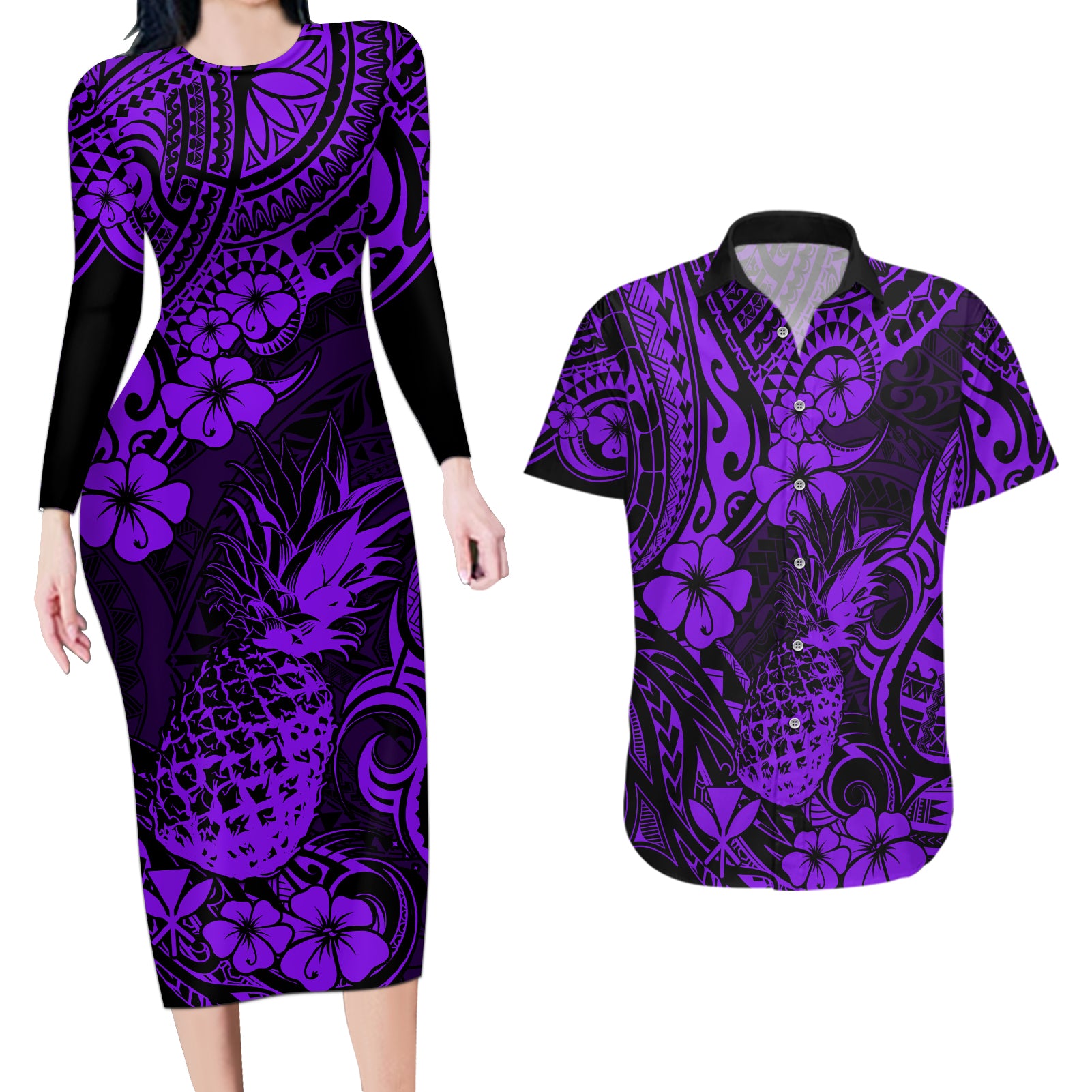 Hawaii Pineapple Couples Matching Long Sleeve Bodycon Dress and Hawaiian Shirt Polynesian Pattern Purple Version - Wonder Print Shop